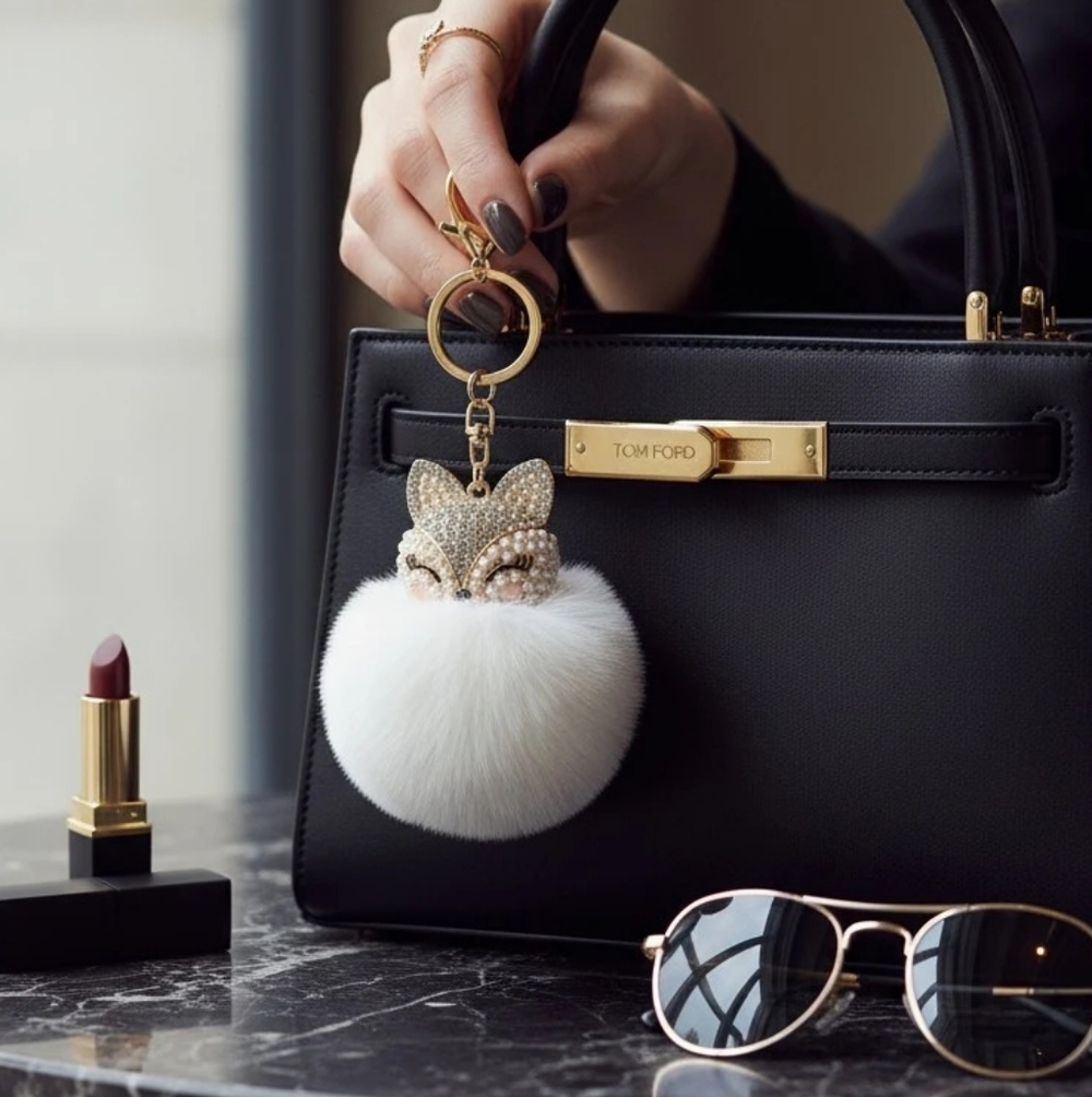 Bag Charm Sexy Fox Fur Pom Pom Keychain - Pink And White